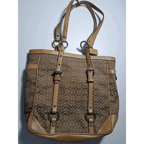 Coach F11526 Khaki Signature C Jacquard Tan Leather Straps Handbag 10.5x9.5x4 - Picture 4 of 13